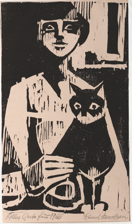 Knud Jacobsen  "Frau mit Katze, Glückwunsch 1966"